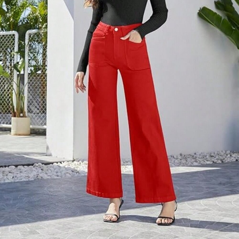 Red Casual Women's High Waisted Wide Leg Baggy Stretch Denim Jeans